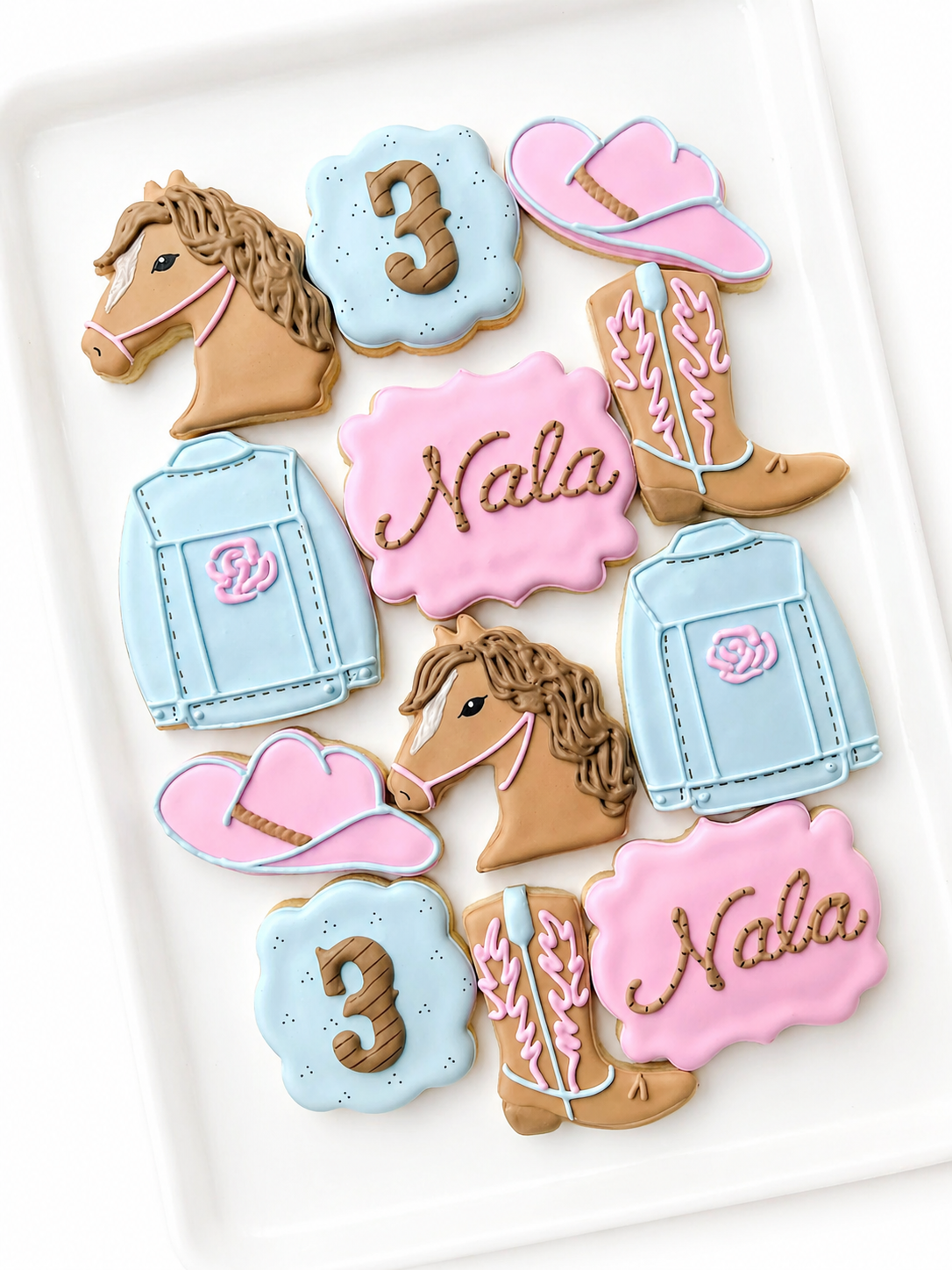 cowgirl birthday decorated cookies horse jean denim jacket cowboy boot cowboy hat