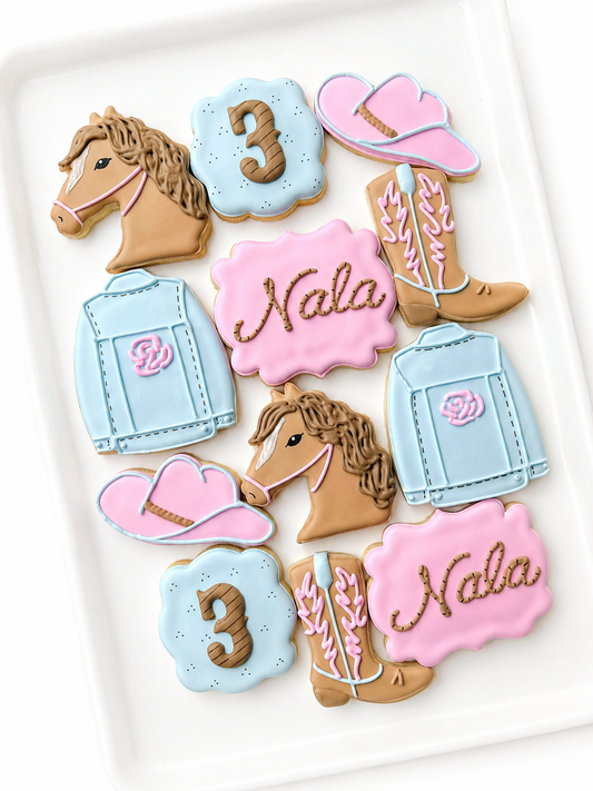 cowgirl birthday decorated cookies horse jean denim jacket cowboy boot cowboy hat