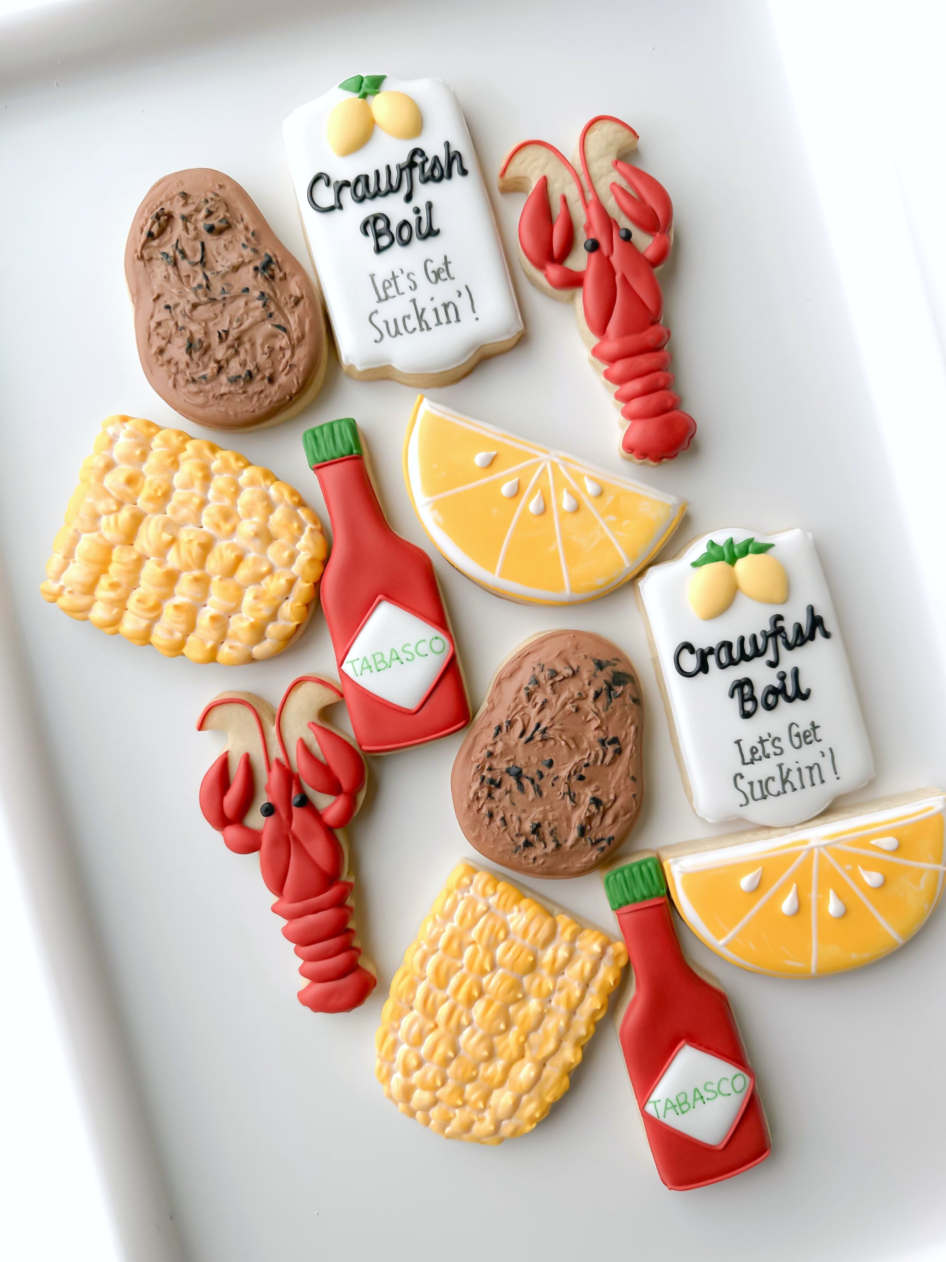 lobster, corn on the cob, lemon, potato, lobster boil, tabasco shrimp crawfish boil decorated cookies