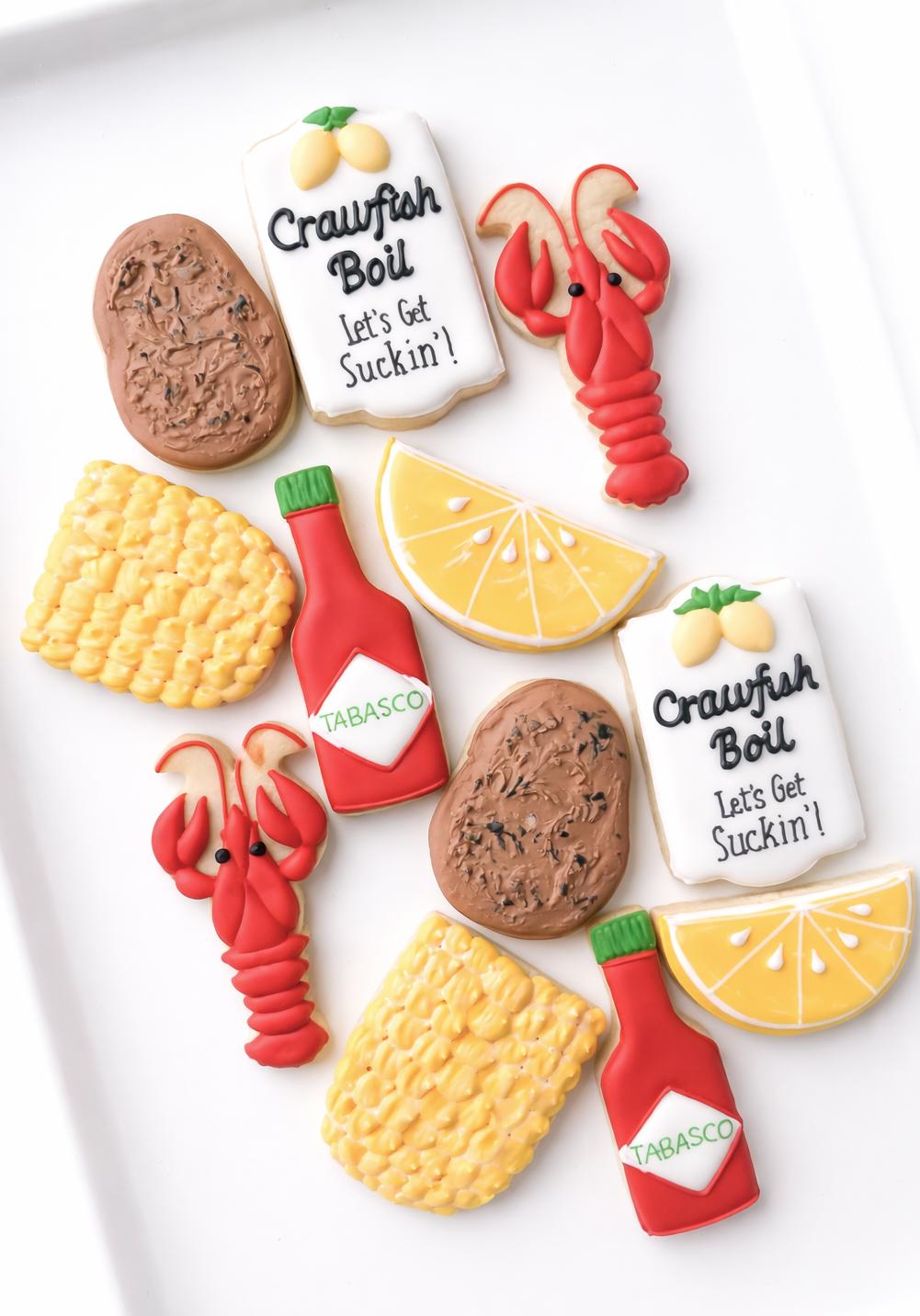 lobster, corn on the cob, lemon, potato, lobster boil, tabasco shrimp crawfish boil decorated cookies
