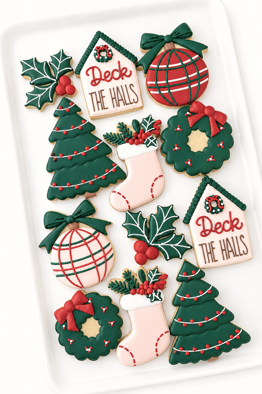 deck the halls snow globe, stocking, ornament bough, christmas tree, ornament with bow, present with bow, home for the holidays christmas cookies