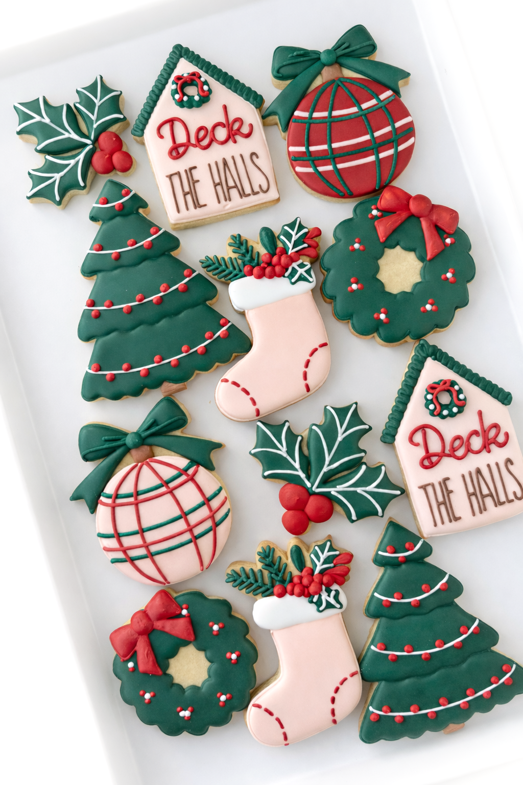 deck the halls snow globe, stocking, ornament bough, christmas tree, ornament with bow, present with bow, home for the holidays christmas cookies