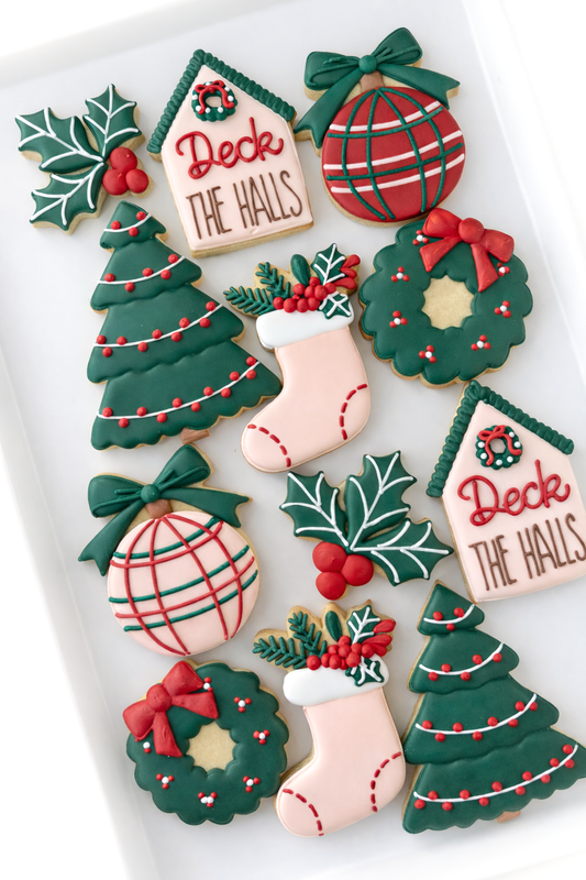 deck the halls snow globe, stocking, ornament bough, christmas tree, ornament with bow, present with bow, home for the holidays christmas cookies