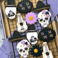 dia de los muertos, day of the dead, sugar skulls with flowers, sombrero, guitar, day of the dead cookies