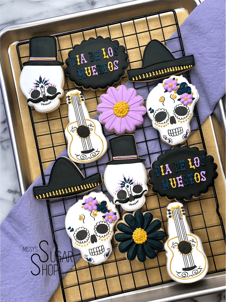 dia de los muertos, day of the dead, sugar skulls with flowers, sombrero, guitar, day of the dead cookies