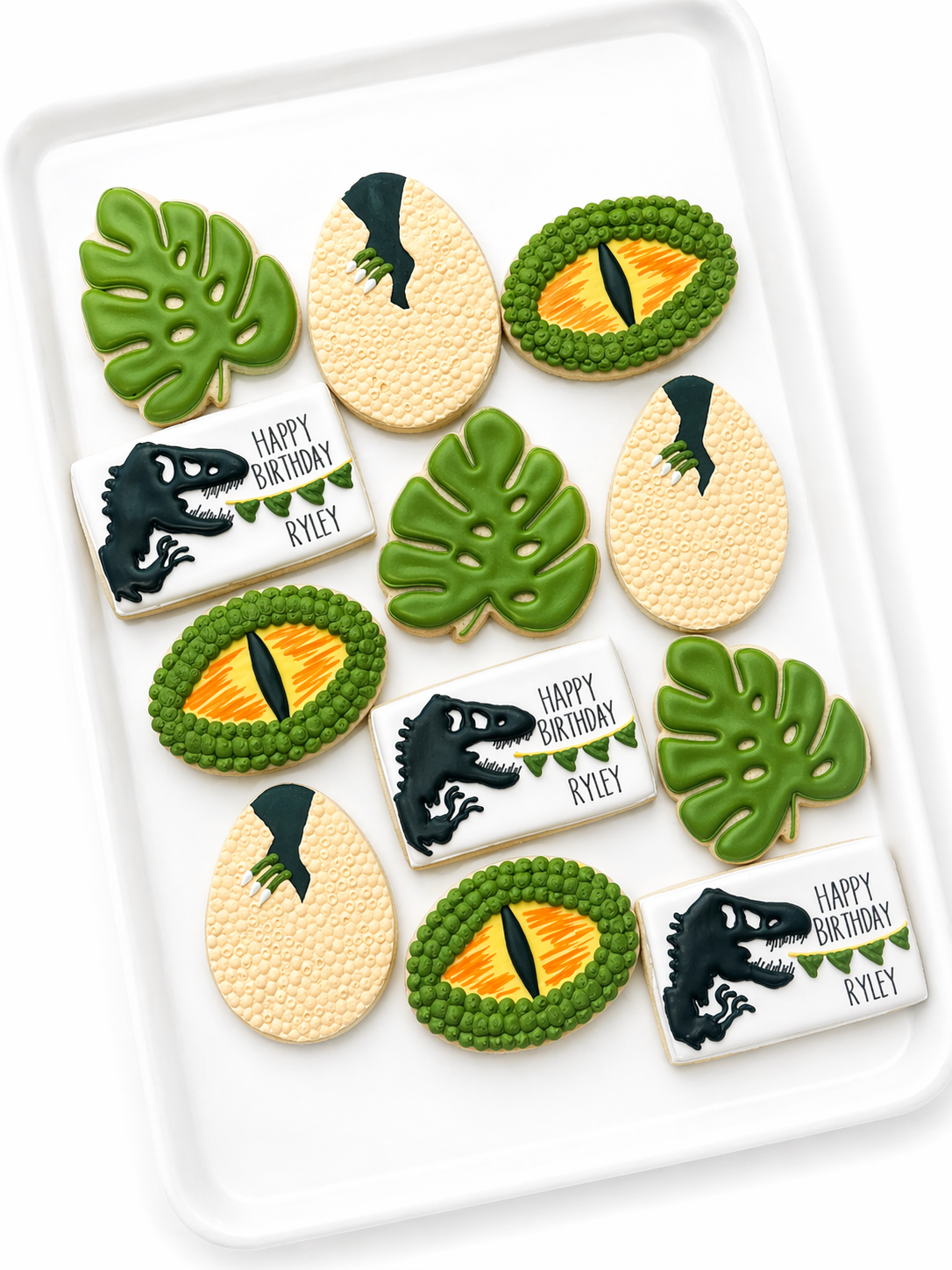 dinosaur egg, t rex, monstera leaf, dinosaur world birthday, dinosaur decorated cookies
