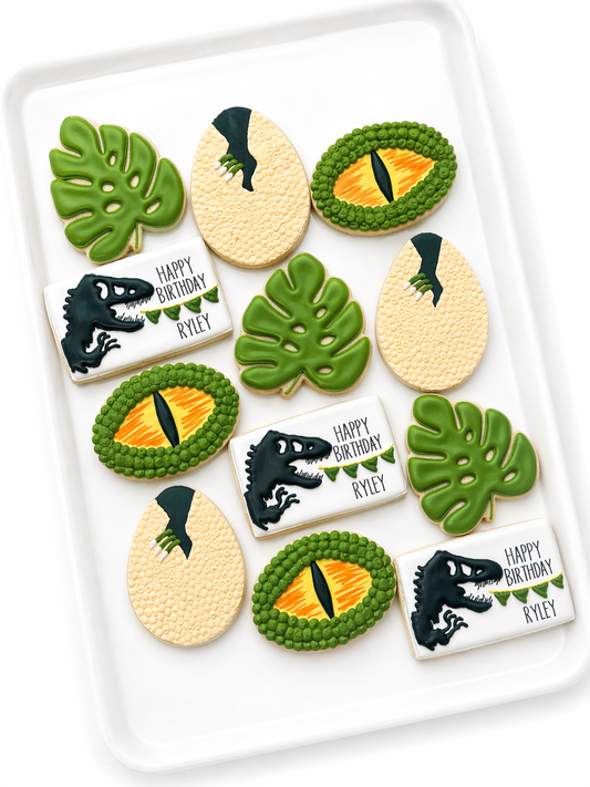 dinosaur egg, t rex, monstera leaf, dinosaur world birthday, dinosaur decorated cookies