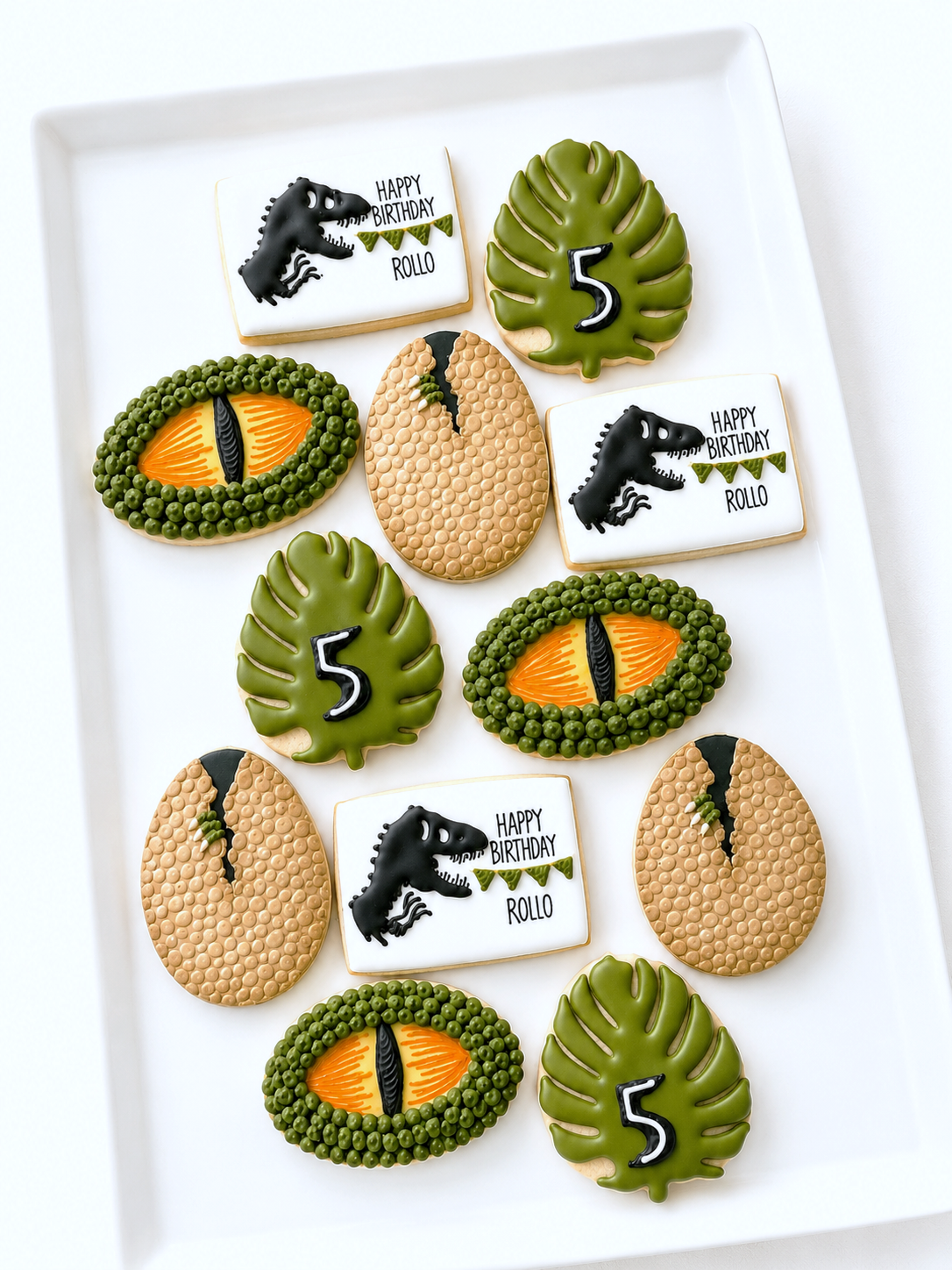 dinosaur egg, t rex, monstera leaf, dinosaur world birthday, dinosaur decorated cookies