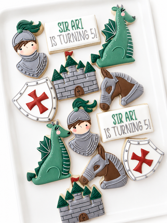 sir knight birthday cookies, dame knight birthday cookies, dragon, castle, medieval, knight shield horse with armor cookies, little slayer birthday cookies, knight in shining armor cookies