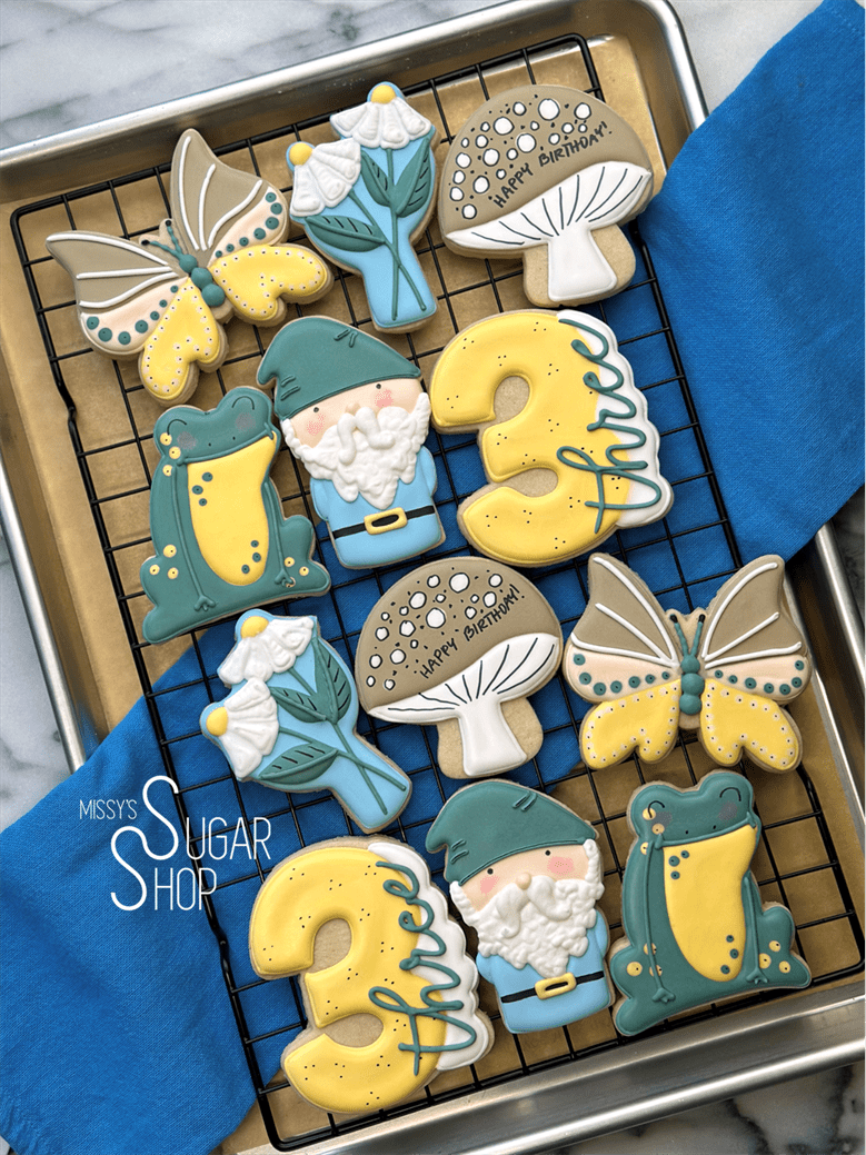gnome, toadstool, butterfly, daisy, toad, frog, mushroom, birthday cookies, enchanted forest