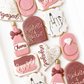 engagement ring finger, monogram, champagne cheers, engaged heart, engagement cookies, wedding shower cookies, wedding cookies, wedding favors