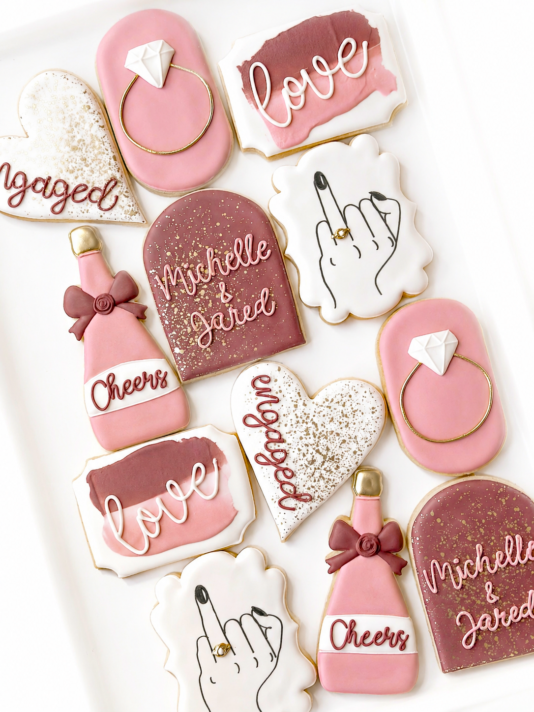 engagement ring finger, monogram, champagne cheers, engaged heart, engagement cookies, wedding shower cookies, wedding cookies, wedding favors