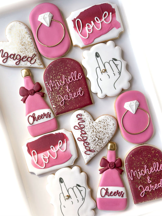 engagement ring finger, monogram, champagne cheers, engaged heart, engagement cookies, wedding shower cookies, wedding cookies, wedding favors