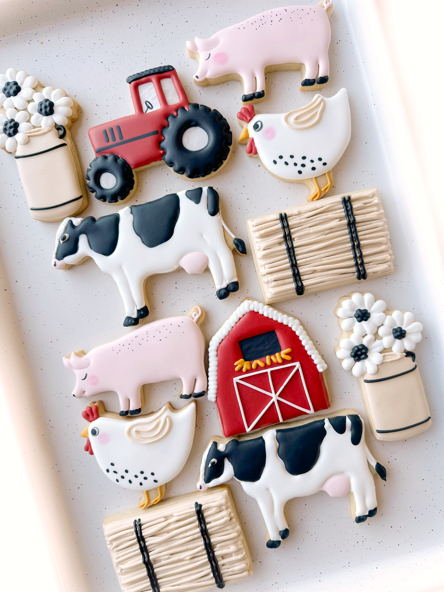 pig, rooster, cow, barn, milk jug with flowers, farm animal birthday, on the farm birthday cookies, farm girl gifts, baby shower cookies, birthday cookies