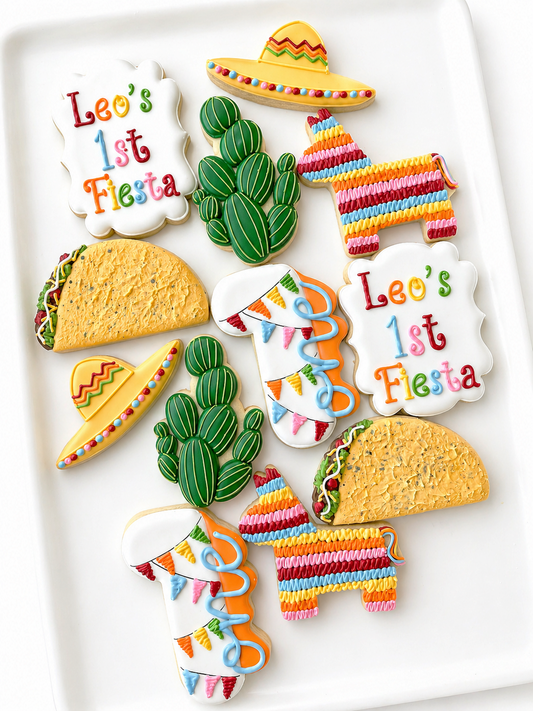 first fiesta taco sombrero cactus pinata first birthday cookies