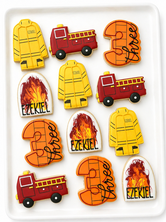 Firetruck, firetruck ladder, fireman, fireman jacket, birthday cookies, 2nd birthday, 3rd birthday, 4th birthday, 1st birthday, fifth birthday