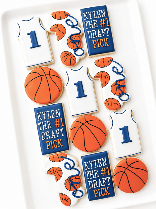 Basketball birthday cookies, first draft pick, basketball, basketball jersey cookies