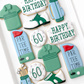 golf club, golf shirt, golf ball, and golf course, golf bag, tee time, birthday golf cookies, dad birthday cookies, golf shoe decorated cookies