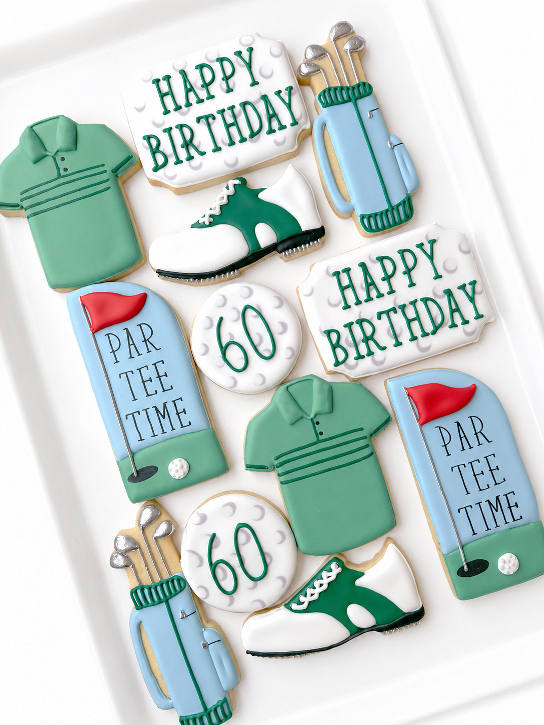 golf club, golf shirt, golf ball, and golf course, golf bag, tee time, birthday golf cookies, dad birthday cookies, golf shoe decorated cookies