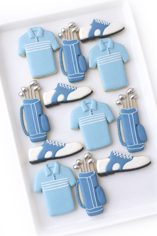 golf club, golf shirt, golf ball, and golf course, golf bag, tee time, birthday golf cookies, dad birthday cookies, golf shoe