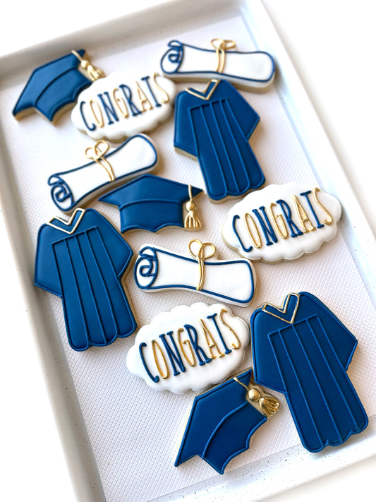 Congrats, grad gown, grad cap, diploma, graduation cookies, university college grad cookies, grad party cookies