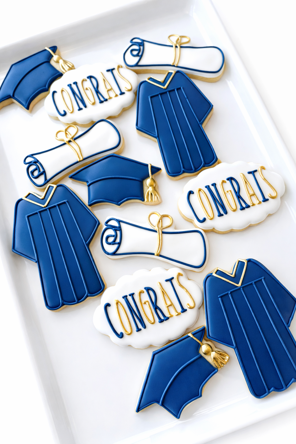 Congrats, grad gown, grad cap, diploma, graduation cookies, university college grad cookies, grad party cookies