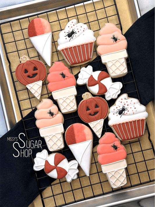 pumpkin head ice cream cone, wrapped candy, candy corn, cupcake, popsicle, ice cream cone, halloween trick or treats