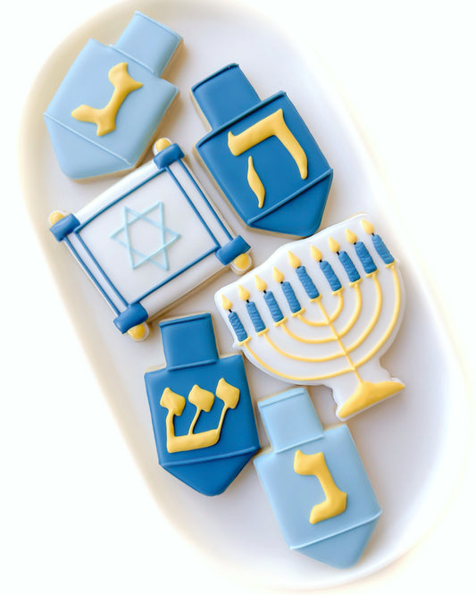 menorah, happy hanukkah, jelly doughnut, dreidel, star of david