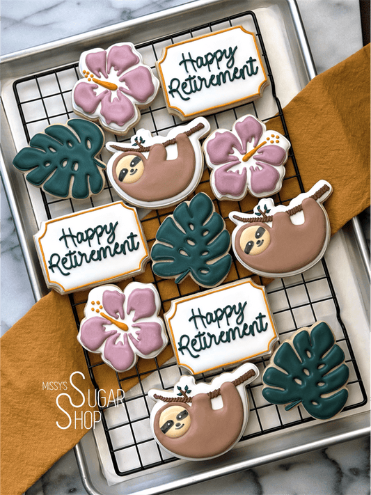 Sloth, time to relax, pink heart, and tropical green leaf, retirement, happy retirement cookies