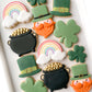 lucky, four-leaf clover, shamrock, leprechaun, green beer, and rainbow, pot of gold, happy st. patricks day cookies