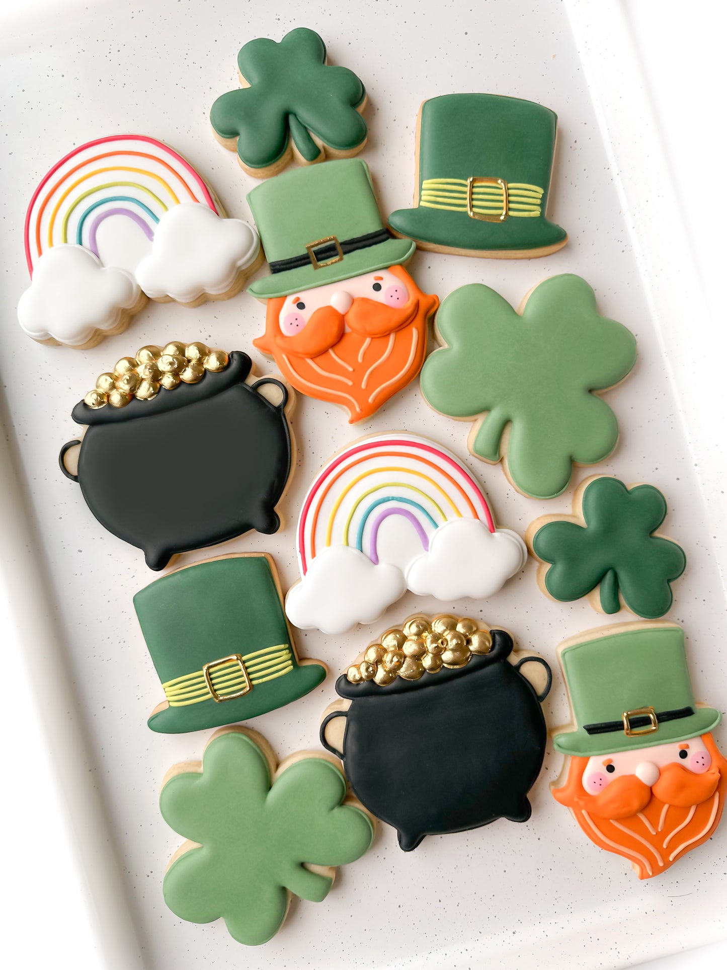 lucky, four-leaf clover, shamrock, leprechaun, green beer, and rainbow, pot of gold, happy st. patricks day cookies