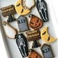 ghost, tombstone, RIP, casket, squash, pumpkin, jack-o-lantern haunted graveyard halloween decorated cookies