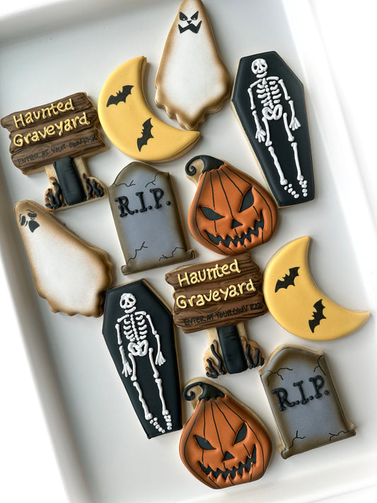 ghost, tombstone, RIP, casket, squash, pumpkin, jack-o-lantern haunted graveyard halloween decorated cookies