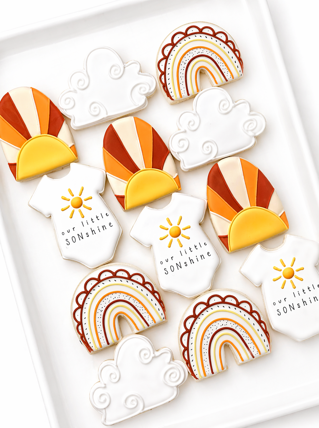 our little sonshine, boho rainbow, boho sun, baby shower cookies