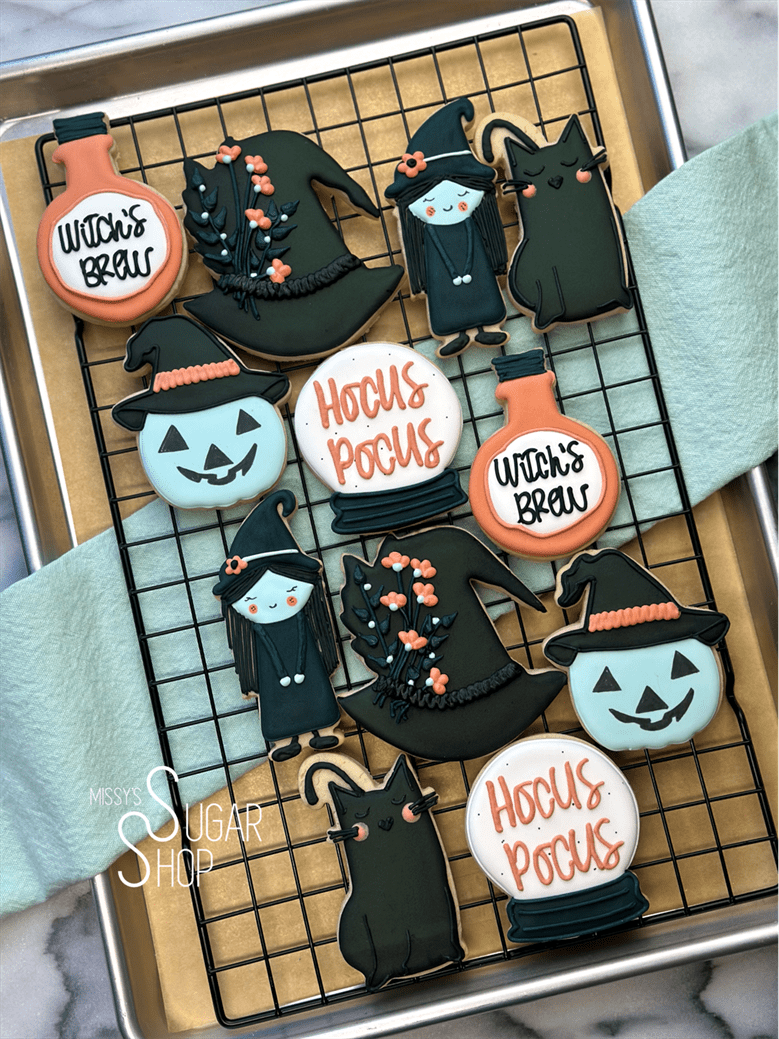 little miss witch, cauldron, witches legs and boots, black cat, witch hat, double double toil and trouble, hocus pocus cookies