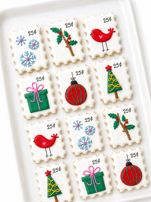 holiday christmas postage stamps deocrated cookies holiday greeting sugar cookies