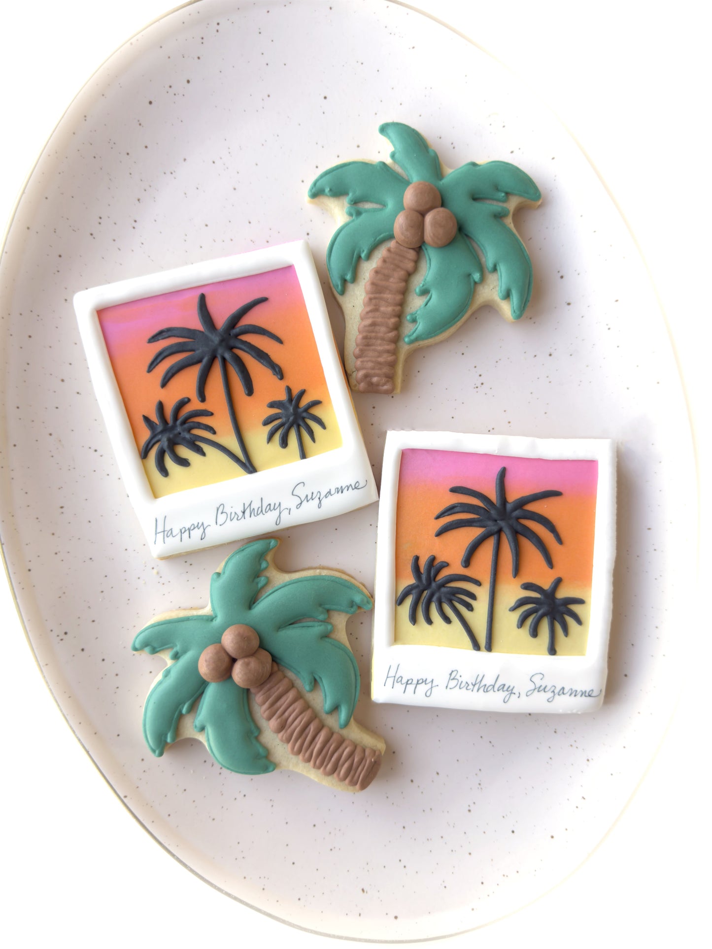 starfish, conch shell, sand dollar, happy birthday cookies, tropical vacation birthday cookies, polaroid tropical vacation photo, swimsuit cookies