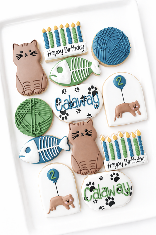 cat, fish bones, ball of yarn, birthday candles, cat with balloon, name plate, age plate kids birthday decorated cookies