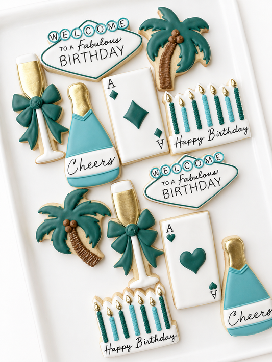 happy birthday, balloons, champagne cheers, fabulous vegas cookies, vegas birthday weekend, press for champagne, champagne bottle and glass birthday cookies, palm tree cookies, birthday candle cookies what happens in vegas stays in vegas