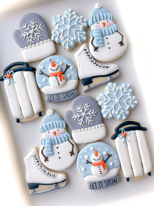 ice skate, sled, snowman, snow globe with snowman, winter mitten, snowflake christmas cookies