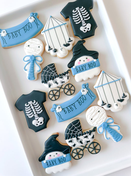 baby boo, little boo, skeleton onesie, mummy rattle, spider stroller, crib mobile, halloween baby shower cookies, halloween cookies