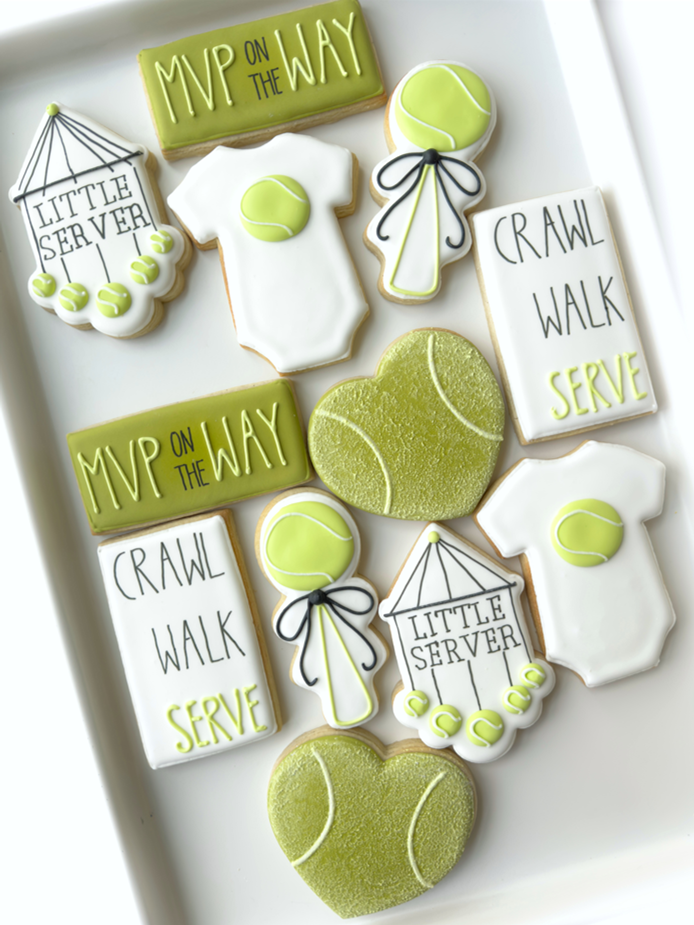 tennis ball, onesie, little server, crib mobile, rattle, mvp, tennis baby shower cookies