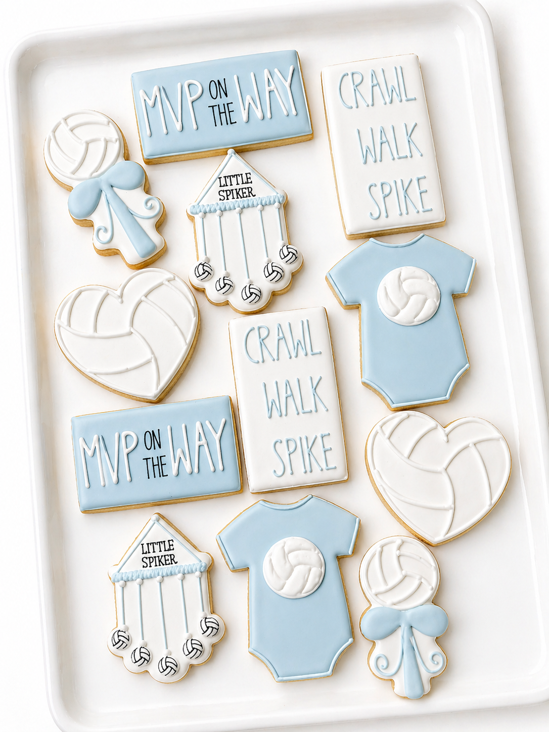 volleyball, onesie, little spiker, crib mobile, rattle, mvp baby shower cookies