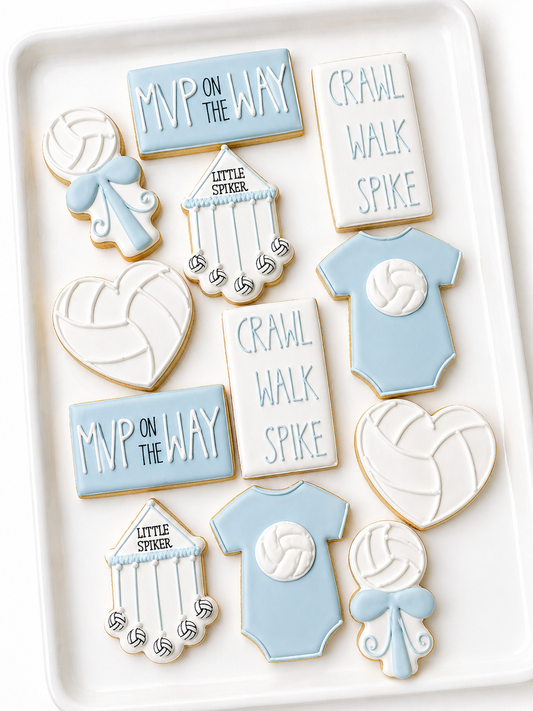 volleyball, onesie, little spiker, crib mobile, rattle, mvp baby shower cookies