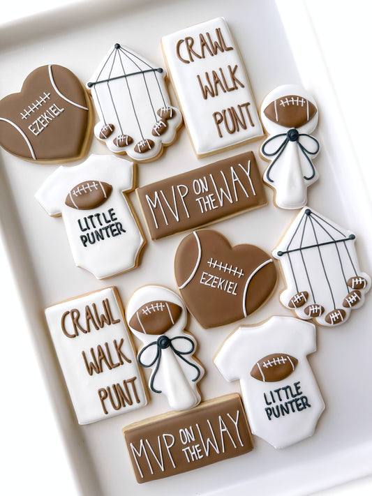 football, onesie, little punter, crib mobile, rattle, mvp, football baby shower cookies