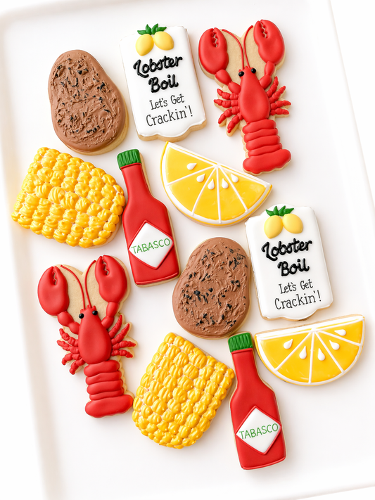 lobster, corn on the cob, lemon, potato, lobster boil, tabasco shrimp crawfish boil decorated cookies