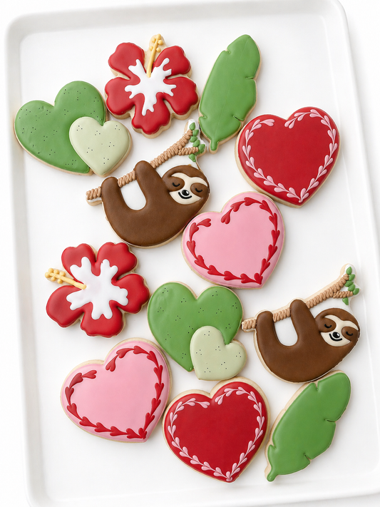 Sloth hanging from branch, sloth with heart, Love you slow much, hearts, double heart, hibiscus flower, banana leaves, hearts, valentines cookies