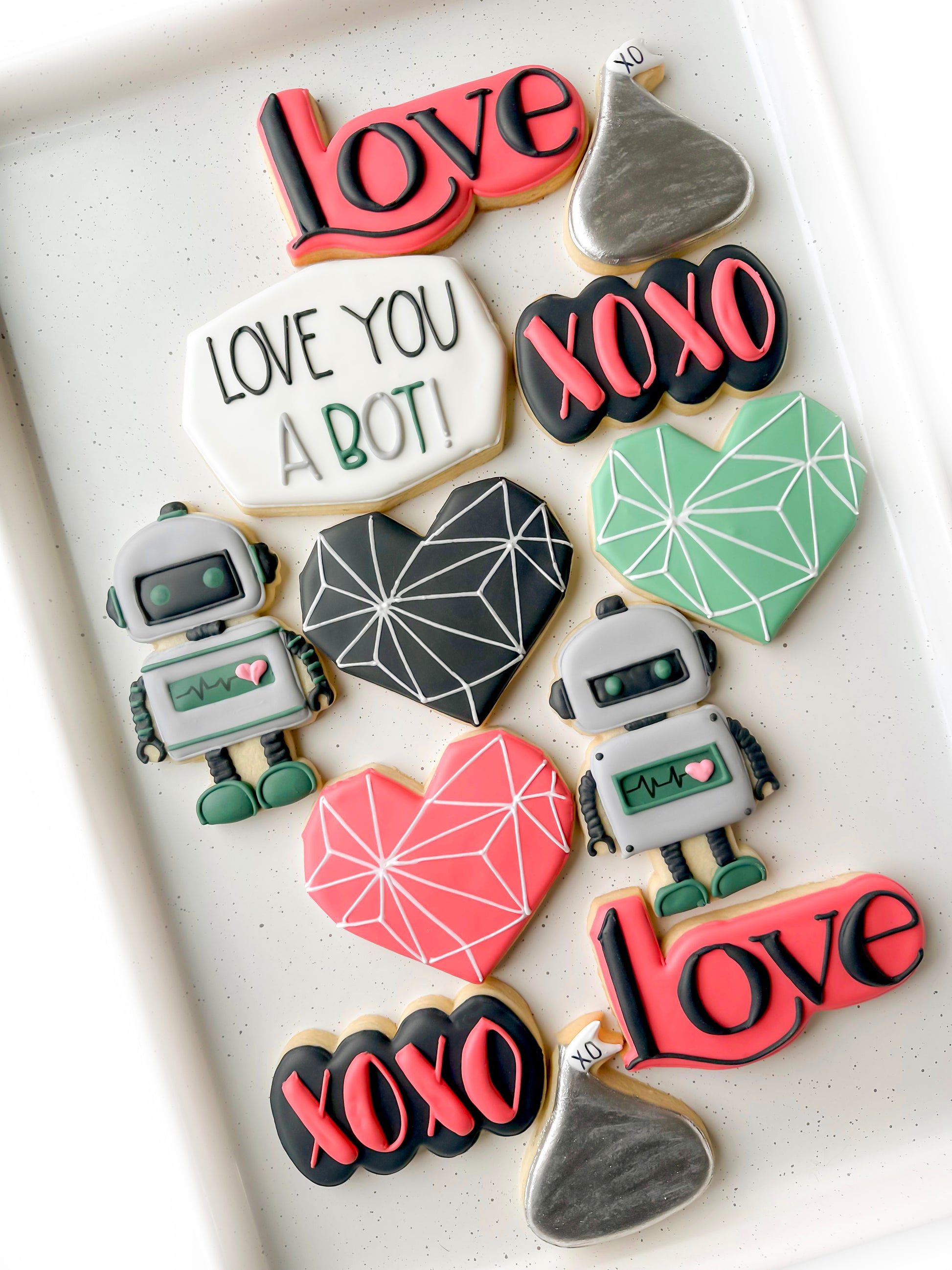 Love You a Bot robot valentine decorated cookies