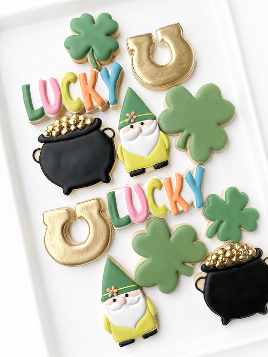 lucky and i gnome it st patricks day cookies pot of gold horseshoe four leaf clover gnome shamrock