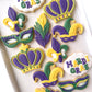 Mardi gras birthday, mardi gras mask, feather, fleur de lis, mardi gras crown, balloon bunch, cookies